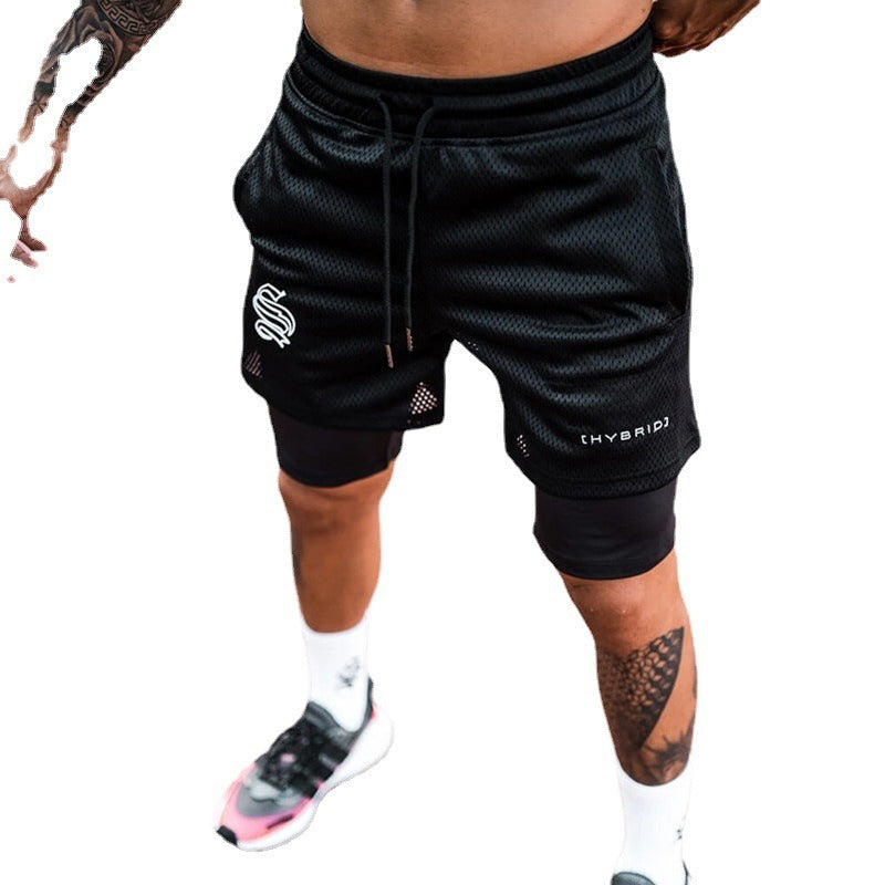 Europäische und amerikanische Trend-Sport-Shorts mit doppelter Lage für Herren, Training, Fake-Zweiteiler, Basketball, Laufen, Fitness-Capris