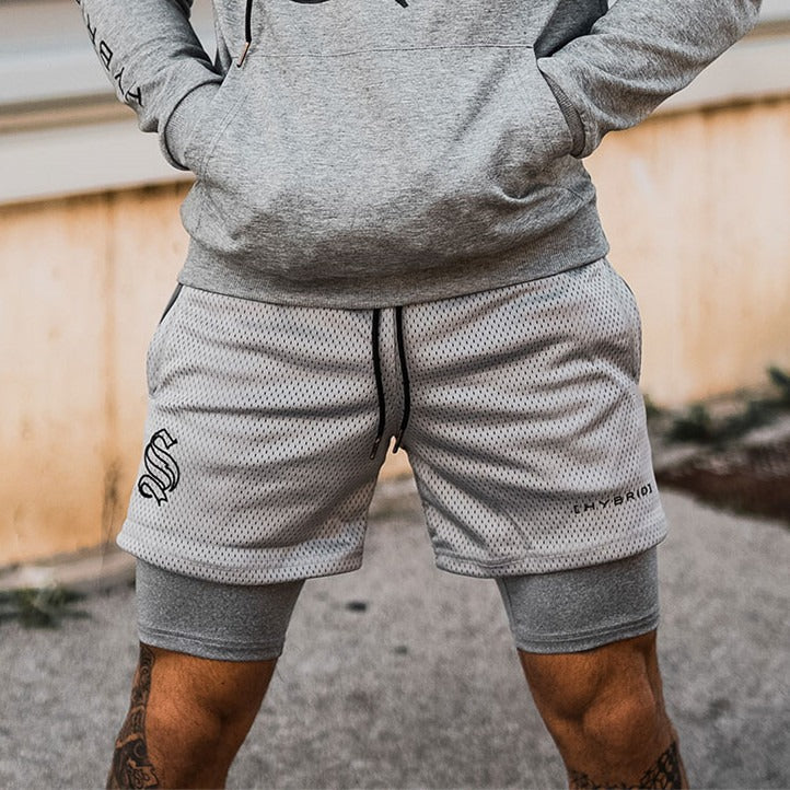 Europäische und amerikanische Trend-Sport-Shorts mit doppelter Lage für Herren, Training, Fake-Zweiteiler, Basketball, Laufen, Fitness-Capris