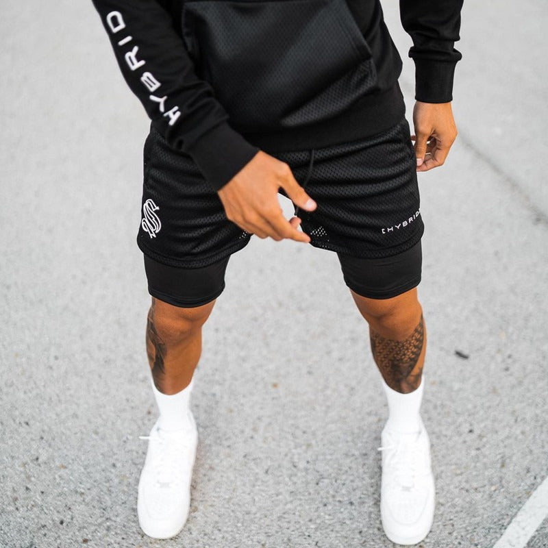 Europäische und amerikanische Trend-Sport-Shorts mit doppelter Lage für Herren, Training, Fake-Zweiteiler, Basketball, Laufen, Fitness-Capris