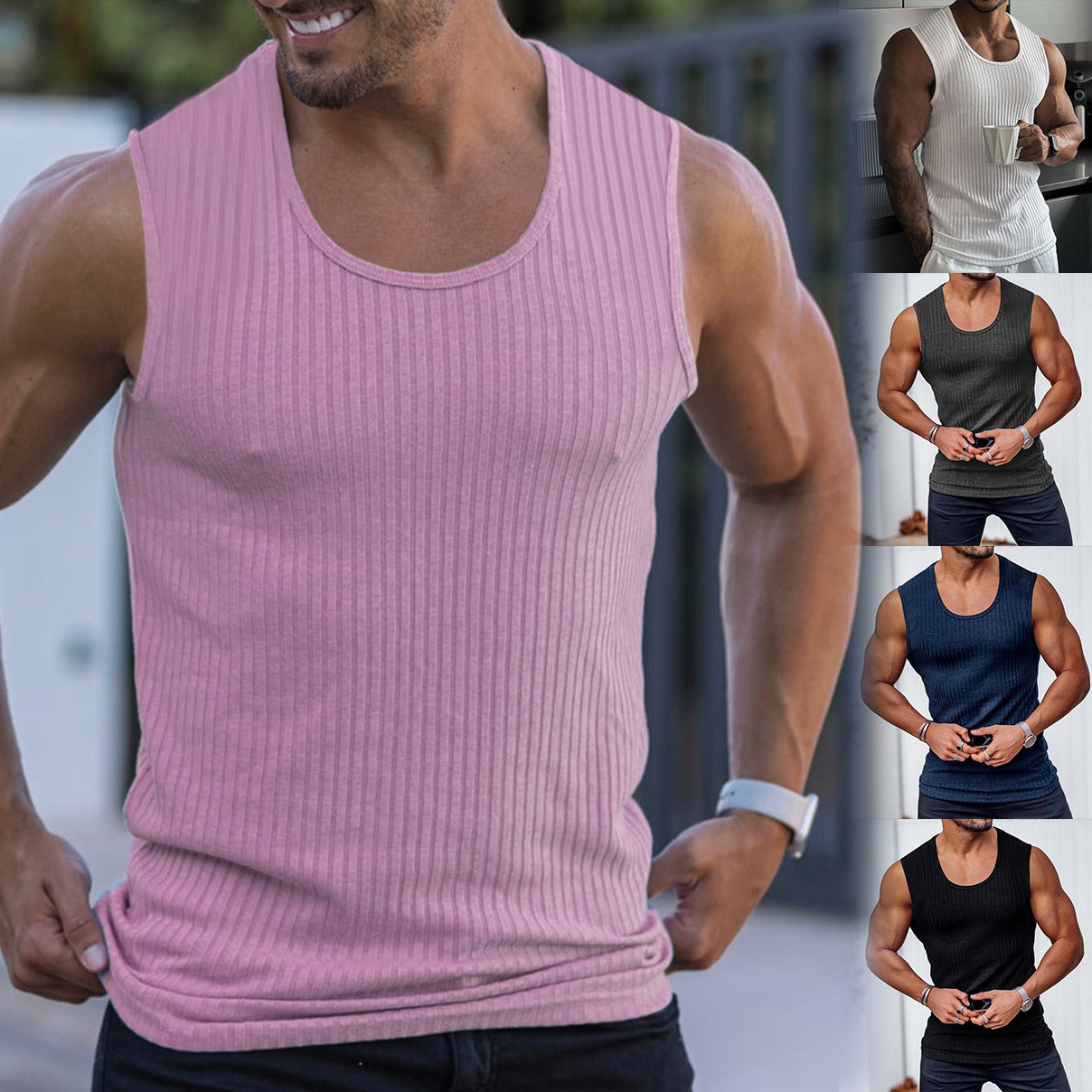 Sommer Gestricktes Vertikal gestreiftes Fitness Sport Freizeit Tank Top Herren Ärmelloses BreitSchulter Tank Top Herren