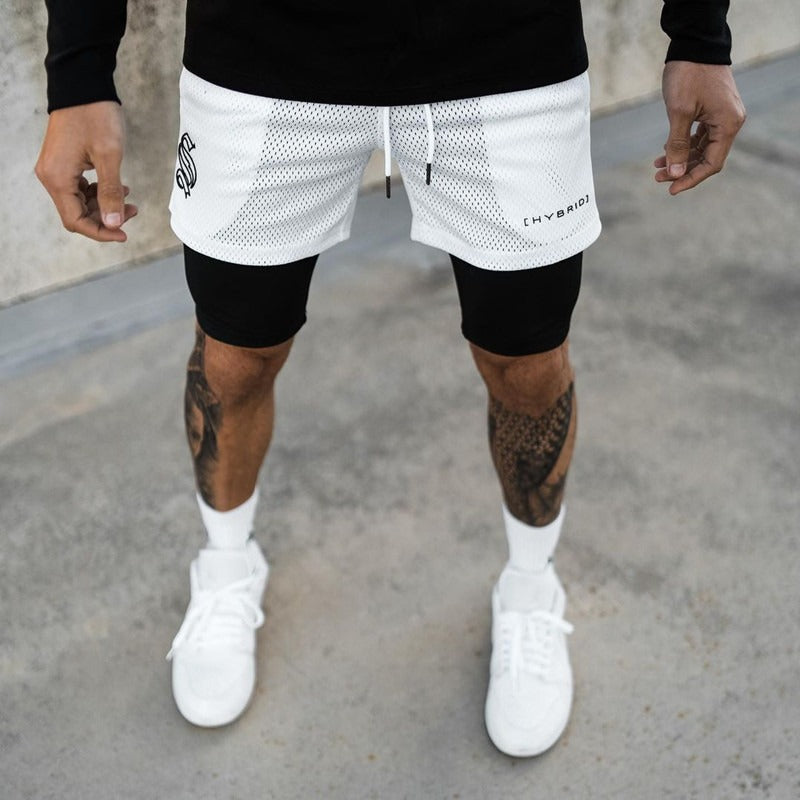 Europäische und amerikanische Trend-Sport-Shorts mit doppelter Lage für Herren, Training, Fake-Zweiteiler, Basketball, Laufen, Fitness-Capris