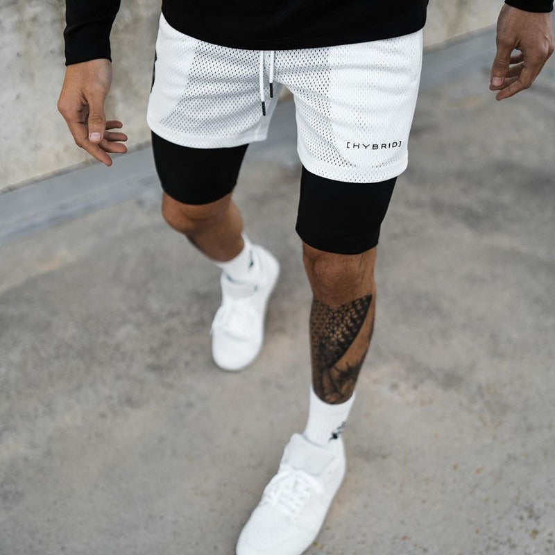 Europäische und amerikanische Trend-Sport-Shorts mit doppelter Lage für Herren, Training, Fake-Zweiteiler, Basketball, Laufen, Fitness-Capris