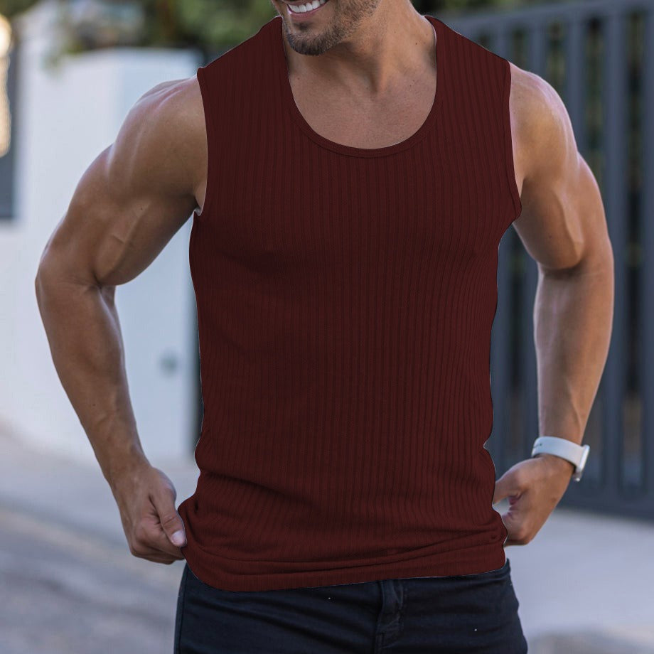 Sommer Gestricktes Vertikal gestreiftes Fitness Sport Freizeit Tank Top Herren Ärmelloses BreitSchulter Tank Top Herren