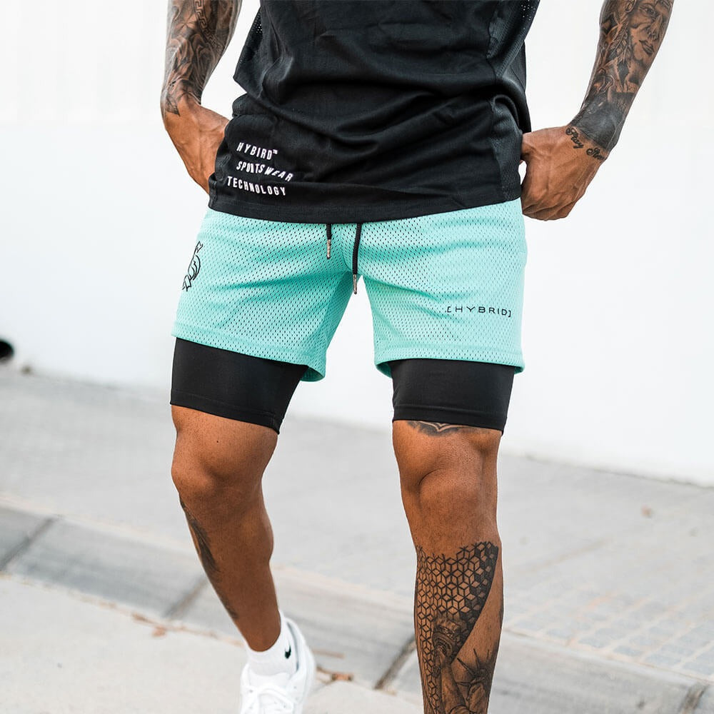 Europäische und amerikanische Trend-Sport-Shorts mit doppelter Lage für Herren, Training, Fake-Zweiteiler, Basketball, Laufen, Fitness-Capris