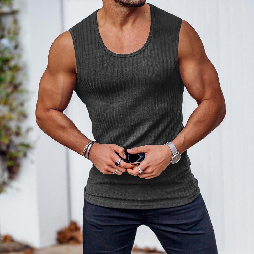 Sommer Gestricktes Vertikal gestreiftes Fitness Sport Freizeit Tank Top Herren Ärmelloses BreitSchulter Tank Top Herren