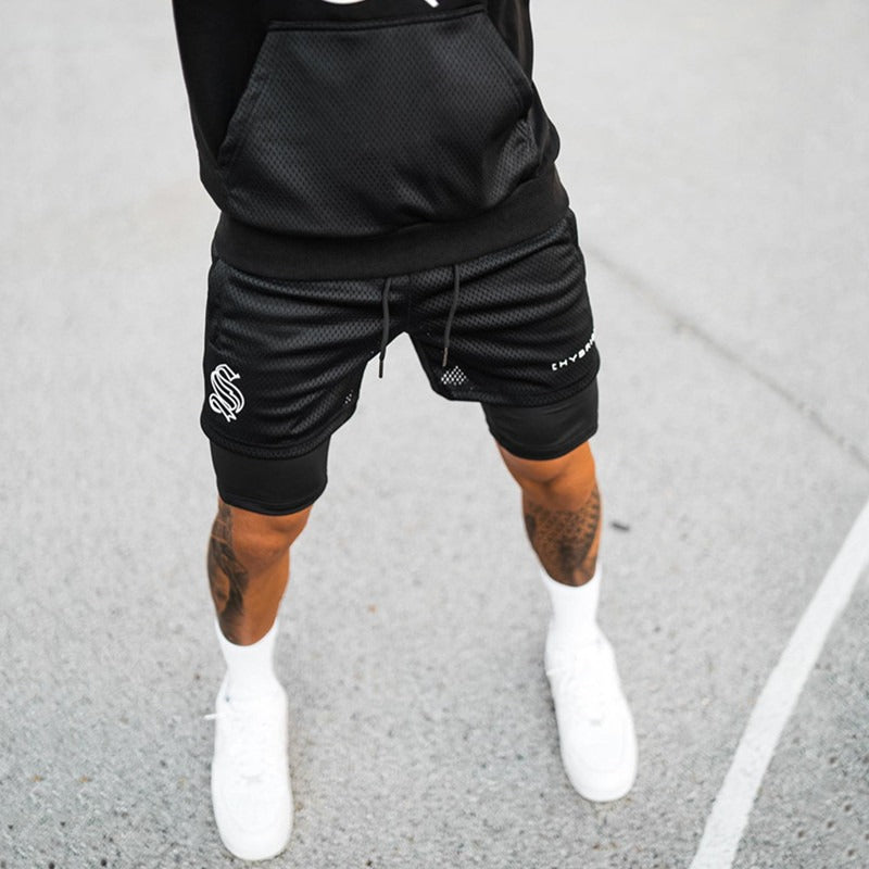 Europäische und amerikanische Trend-Sport-Shorts mit doppelter Lage für Herren, Training, Fake-Zweiteiler, Basketball, Laufen, Fitness-Capris