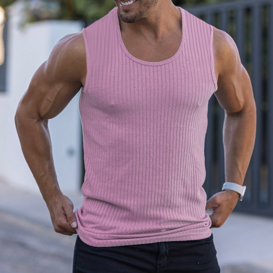 Sommer Gestricktes Vertikal gestreiftes Fitness Sport Freizeit Tank Top Herren Ärmelloses BreitSchulter Tank Top Herren