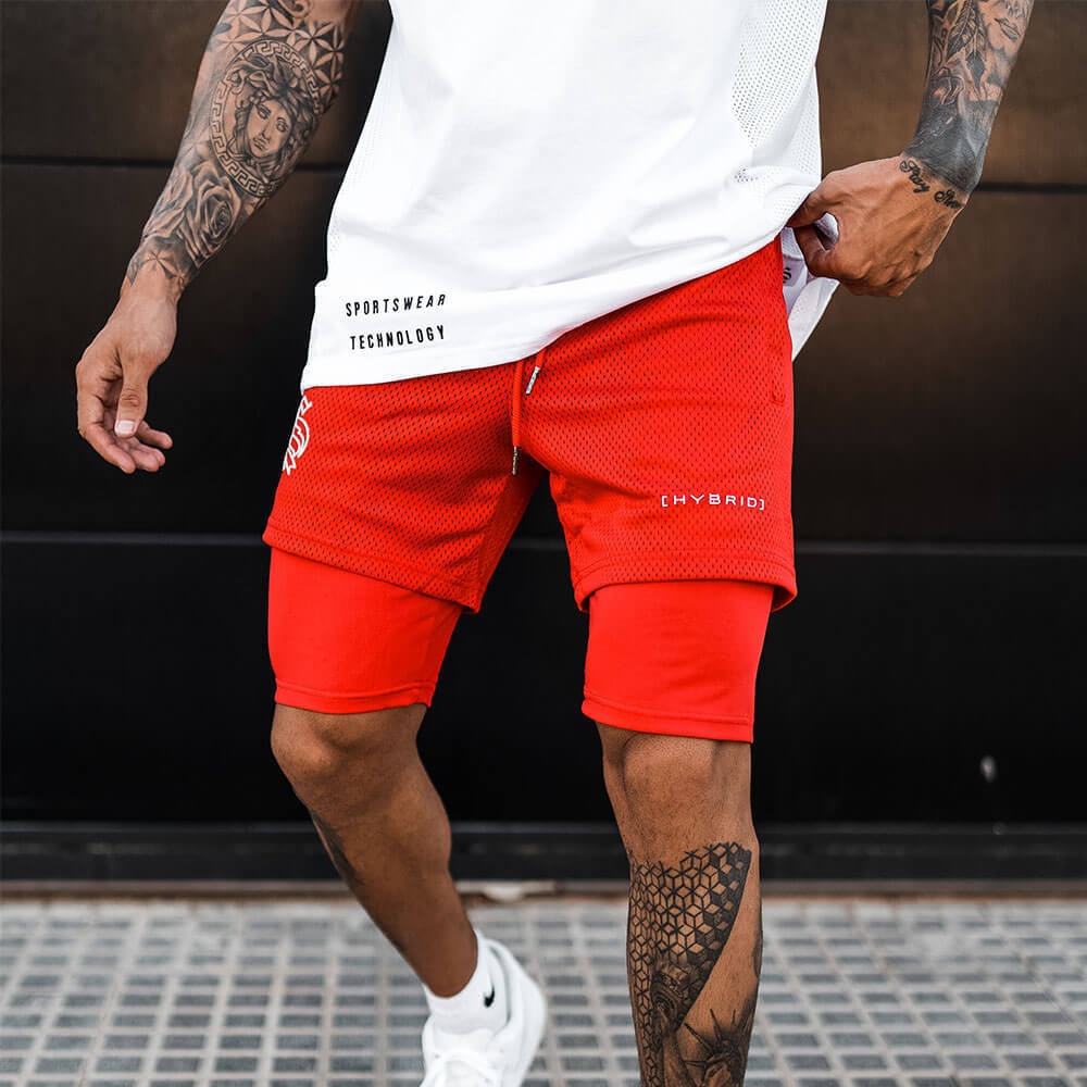 Europäische und amerikanische Trend-Sport-Shorts mit doppelter Lage für Herren, Training, Fake-Zweiteiler, Basketball, Laufen, Fitness-Capris