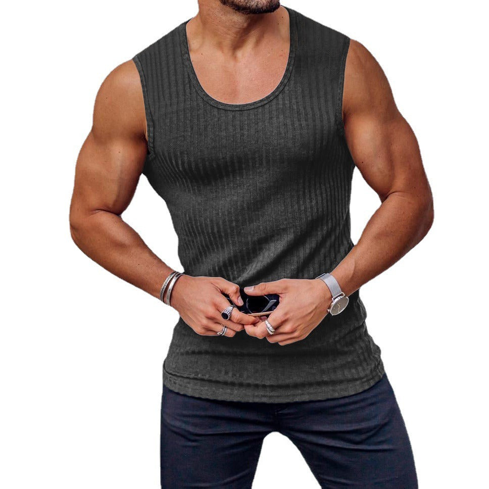 Sommer Gestricktes Vertikal gestreiftes Fitness Sport Freizeit Tank Top Herren Ärmelloses BreitSchulter Tank Top Herren